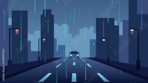 A car drives down a wet city street at night during a rainstorm