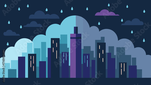 Stylized city skyline at night with rain and clouds
