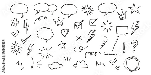 Sketch underline, emphasis, arrow shape set. Hand drawn brush stroke, highlight, speech bubble, underline, sparkle element. Vector illustration.