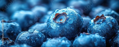 Close-up of fresh blueberries with water droplets under soft blue lighting