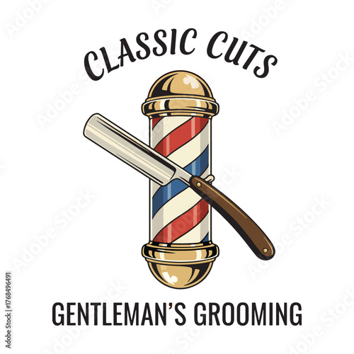 Classic Cuta Gentleman's Grooming T-shirt design, Classic barbershop pole with a straight razor vector illustration.