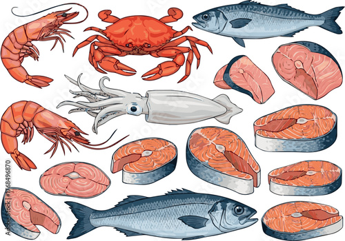 Make kinds of Fresh raw fish and seafood set. Shrimp, crab, squid, salmon and over fish products. Grocery market concept victor art on white Background.