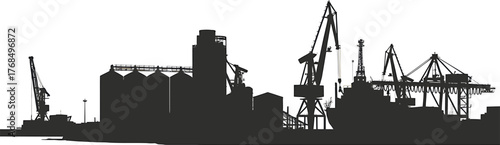 Silhouette Illustration Depicts Skyline Of Port Harbor Cranes With Industrial Factories