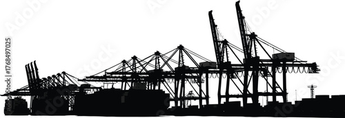 Silhouette Of Port Harbor Cranes Loading And Unloading Cargo With Containers Ships
