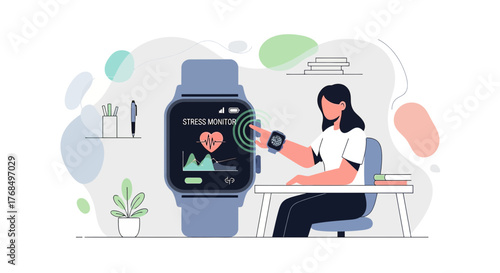 Woman monitoring stress levels with smartwatch technology in a modern setting showcasing health