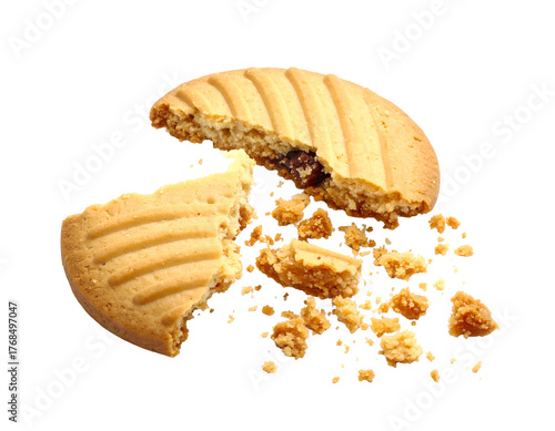 A broken round biscuit reveals a dark filling, crumbs scattered on a black background