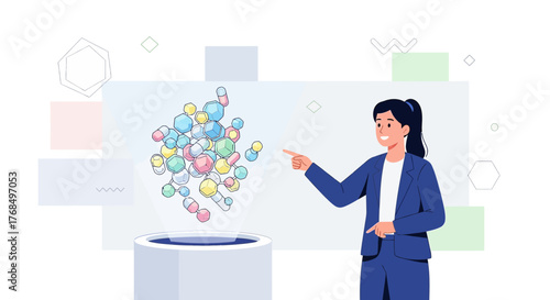 Woman Presenting Innovative Pharmaceutical Molecules and Medical Research Breakthroughs