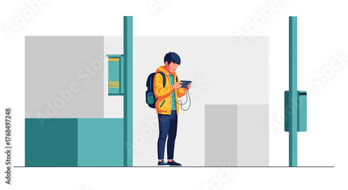 Young traveler using smartphone at bus stop with modern abstract design illustration
