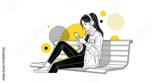 Young woman listening to music with headphones and using a mobile phone on a bench