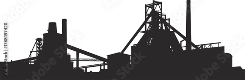 Industrial Silhouette Skyline Of A Factory Or Mining Complex With Silos And Tall Chimneys