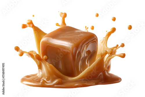 A rich caramel cube splashes into liquid caramel creating a dynamic sweet confectionary explosion