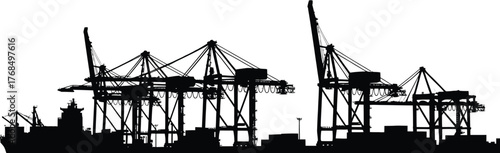 Silhouette Of A Port With Cranes And Cargo Containers For Industrial Transportation