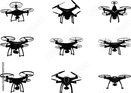 Drone silhouette collection, quadcopter icons, UAV shapes, aerial vehicle designs, drone engineering, rotor layout, surveillance drone, vector illustration