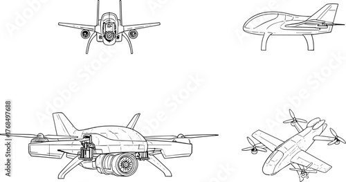 Futuristic aircraft line art, drone vector sketch, aviation concept illustration, aerospace technology icons, cad drawing flat vector illustration