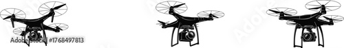 Quadcopter drone silhouettes, camera drone icons, aerial photography UAVs, surveillance drones, flying robots, vector illustration, black graphic, tech design