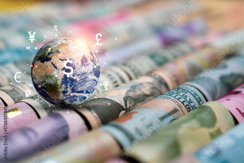 Fototapeta Naklejka Na Ścianę i Meble -  World on international banknotes with currency sign include dollar euro yen yuan pound sterling for money transfer and trade forex concept ,Element of this image from NASA and 3d render.