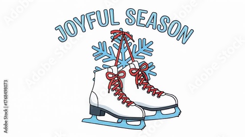 Illustration of white ice skates with red laces hanging from blue snowflakes, accompanied by the text 