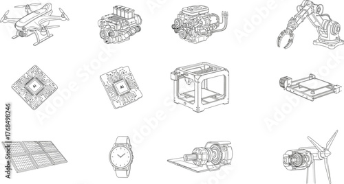 Technology icons line art, mechanical vector set, industrial tools sketch, robotics and energy illustration, cad drawing flat vector illustration