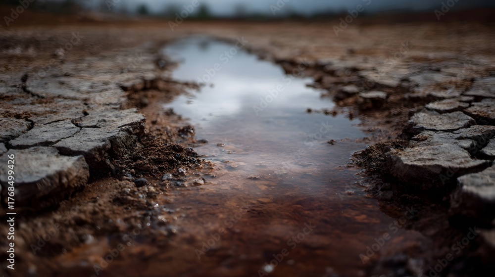 Obraz premium A close up view of cracked dry earth forming a parched landscape with a muddy puddle reflecting the overcast sky highlighting the effects of drought
