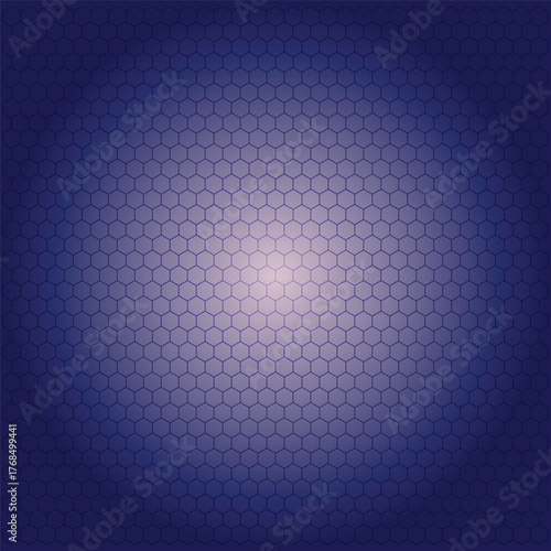 Vibrant purple hexagonal pattern radiates from a bright center on a dark blue background
