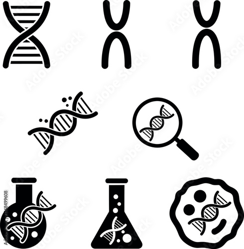 Genetics icon set featuring DNA strands, chromosomes, lab flasks, and molecular analysis. Ideal for biotech apps, scientific research, and educational design