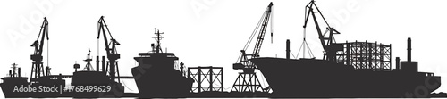 Dockyard Silhouette Vector Graphics: Detailed Cranes and Industrial Vessels
