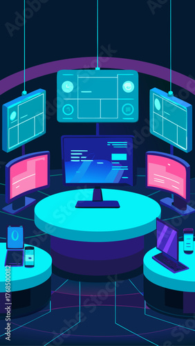 Modern technology control room with multiple screens and devices