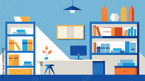 Modern minimalist office interior with bookshelves desk and computer