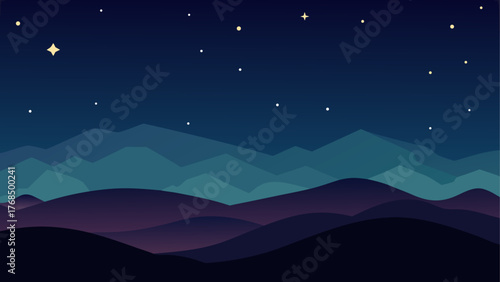 Stylized night landscape with rolling hills and a starry sky