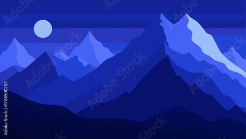 Stylized blue mountain range under a pale moonlit night sky