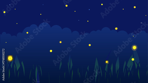 Magical night sky with glowing fireflies over dark grass and clouds