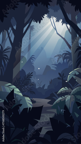 Mysterious jungle path illuminated by ethereal light rays filtering through dense foliage