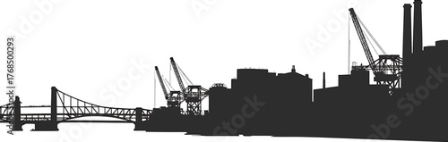 Industrial Skyline Silhouette with Bridge Cranes and Chimneys Against Transparent Background