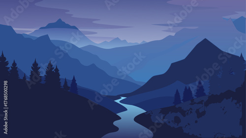 Serene mountain valley with a winding river at twilight