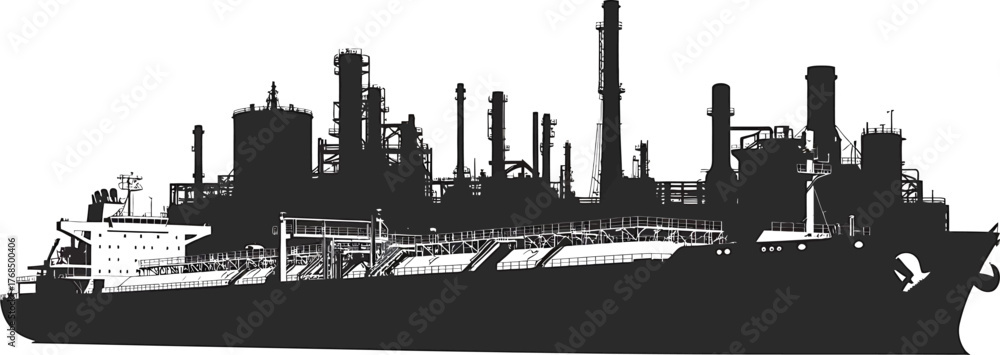 Fototapeta premium Massive Oil Tanker Silhouette Floating Against Refinery Backdrop with Industrial Infrastructure