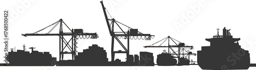 Port City Silhouette With Container Cranes Tankers and Cargo Ships Commerce and Transportation