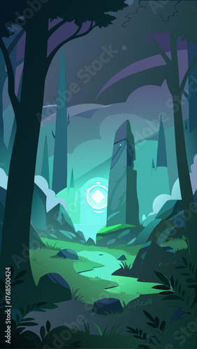 Mystical forest landscape with glowing crystal and ancient monolith at twilight