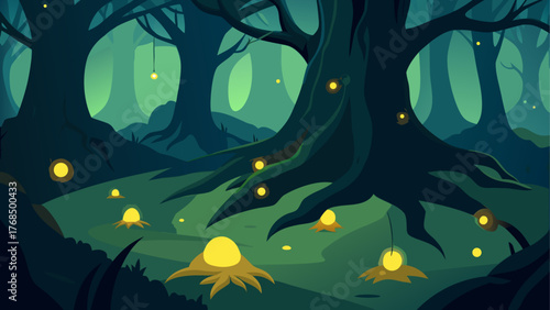 Enchanted forest at night with glowing orbs and mysterious trees