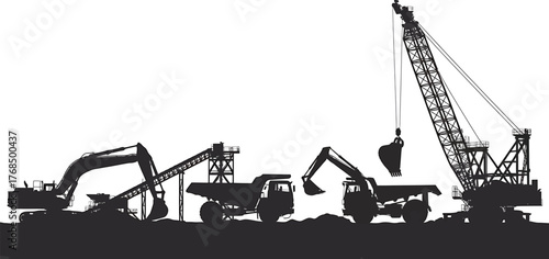 Heavy Construction Cranes and Vehicles Silhouettes Industry Vector Graphic Design