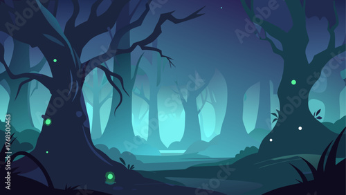 Enchanted forest at night with glowing orbs and mystical atmosphere