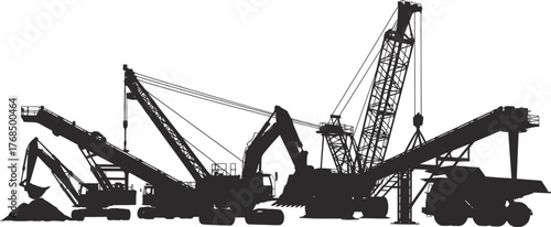 Heavy Construction Equipment Cranes Silhouettes Vector Graphic Design Industrial