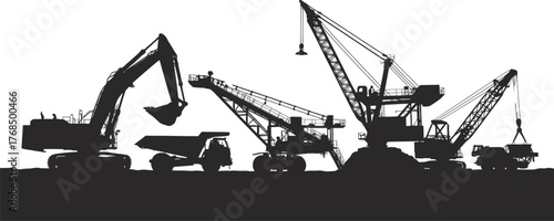 Heavy Construction Equipment with Cranes Silhouettes Mining Vector Graphic Design
