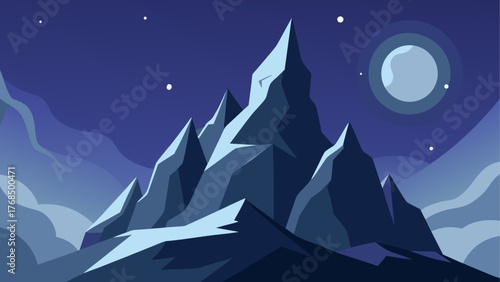 Stylized illustration of jagged mountain peaks under a starry night sky with a large moon