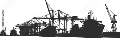 Harbor Silhouette Maritime Cranes Ships Docks Cargo Transport Logistics Vector Art
