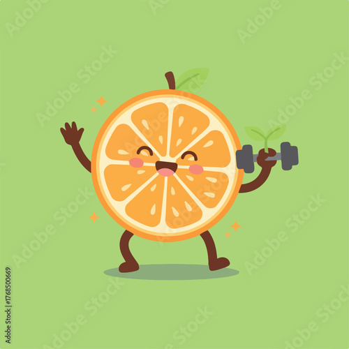 An illustration of a cartoon orange character with a happy expression holding a dumbbell with a sprout growing out of it, on a green background.