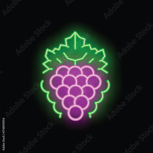 Neon sign illuminating a bunch of grapes with its leaf on a black background