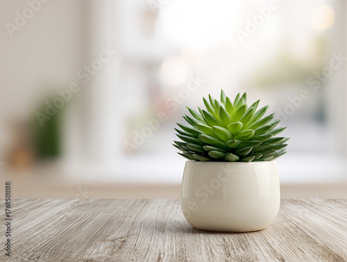 Minimal ceramic plant pot with green succulent in soft neutral home interior decor and peaceful lifestyle theme