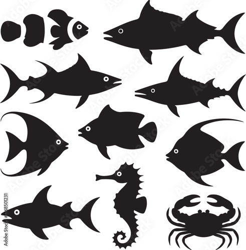 Black silhouettes of various ocean creatures and fish on white animal