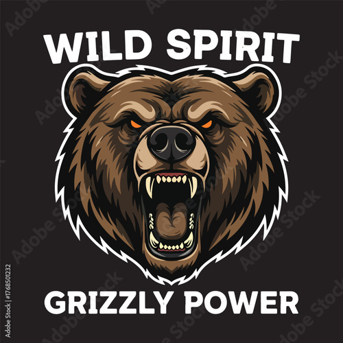 Wild Spirit Grizzly Power T-shirt design, A fierce grizzly bear head vector illustration.
