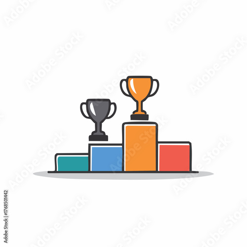 Trophies on Podium Illustrating Success, Achievement and Competition Results